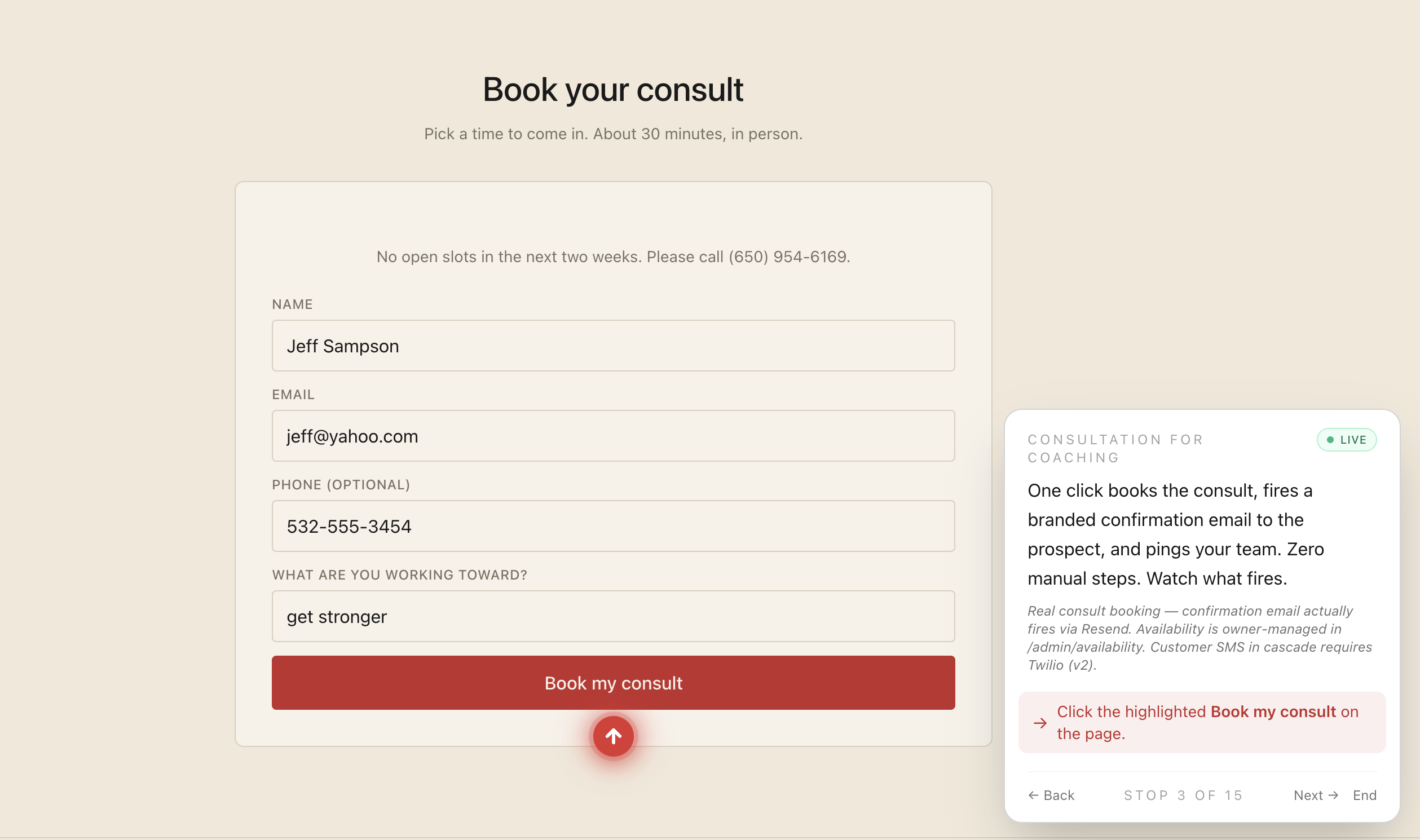 Booking form on a customer site