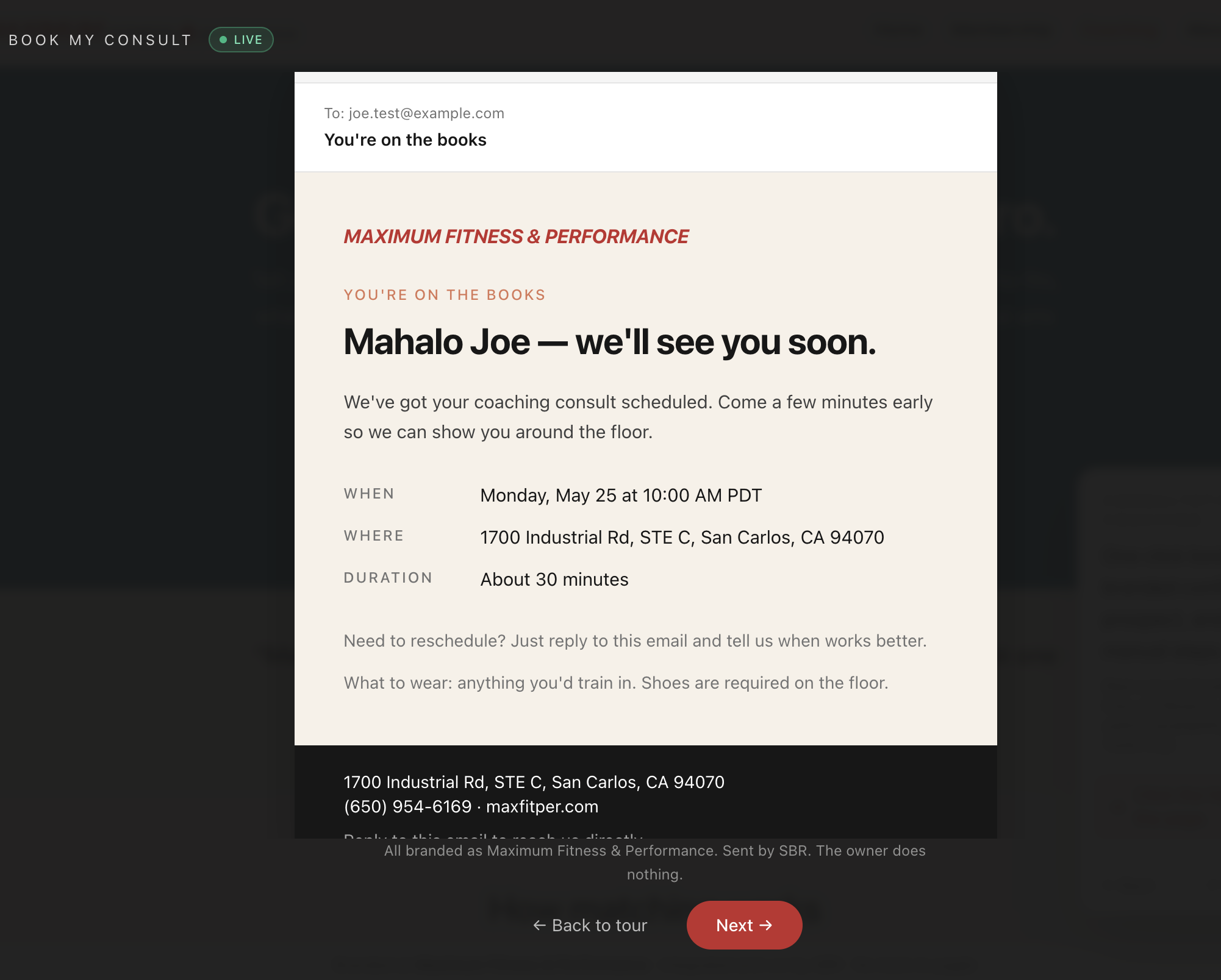Branded booking confirmation email
