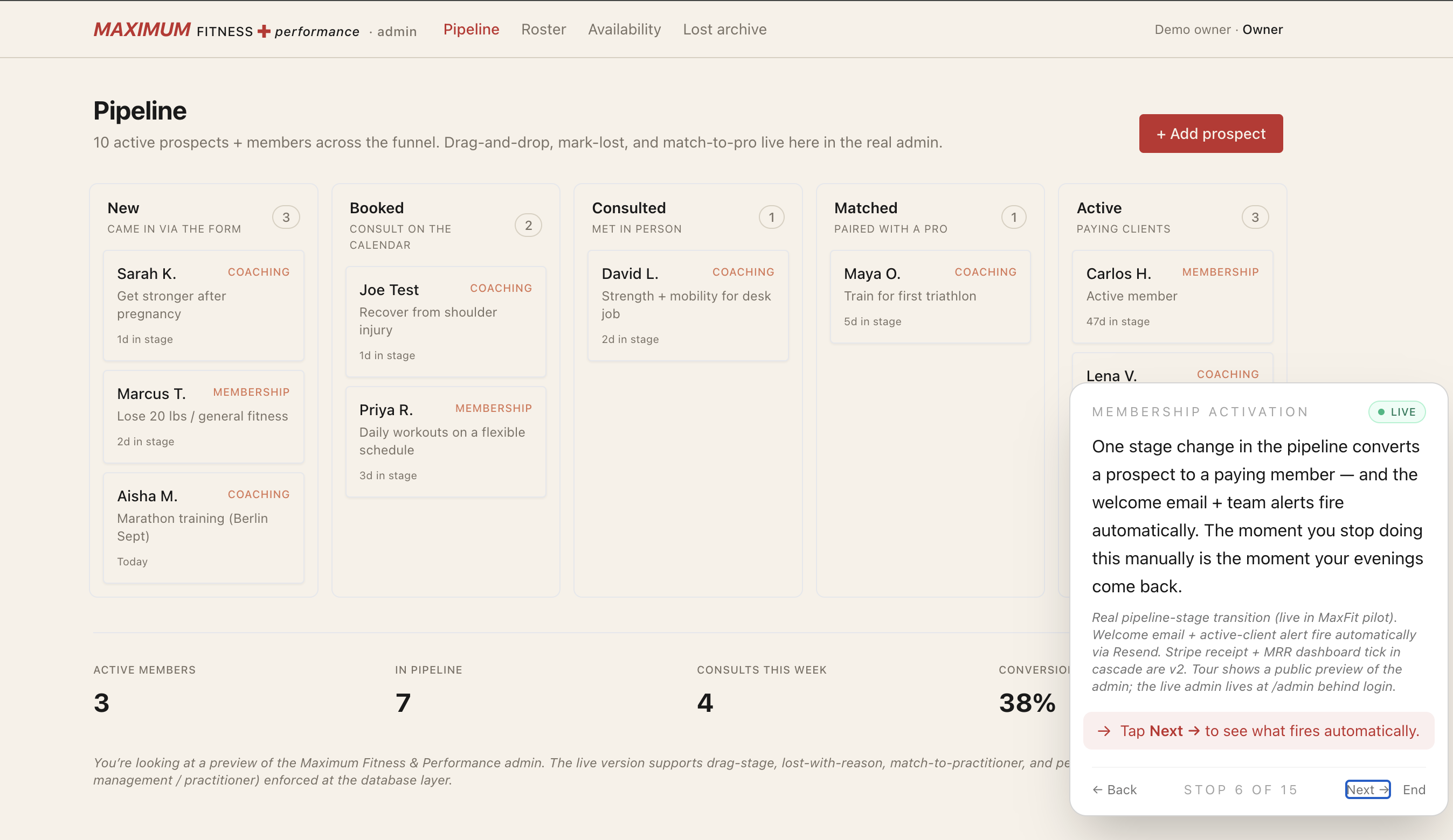 Admin pipeline board with prospects across stages
