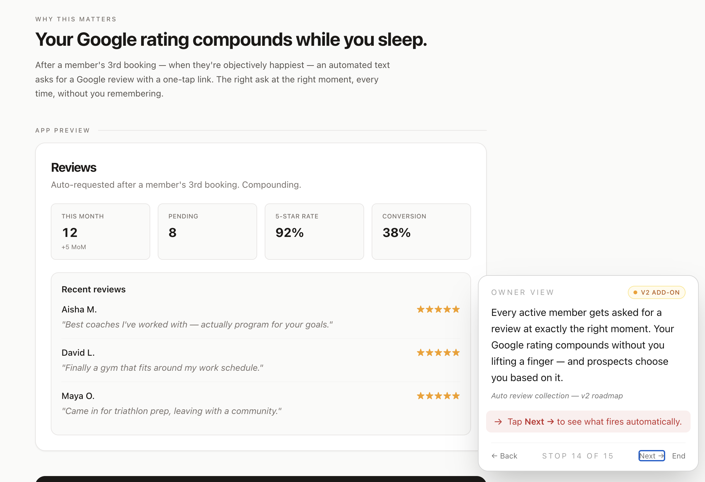 Reviews dashboard with star rate and pending
