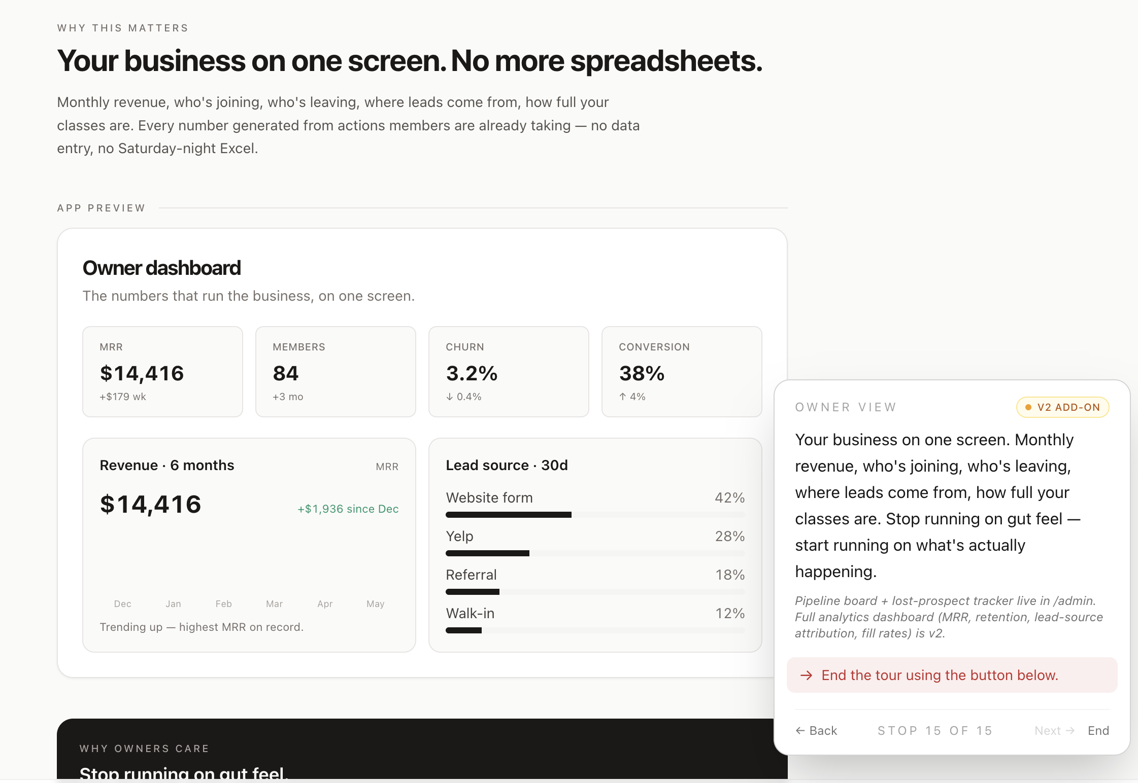 Owner dashboard with MRR and lead source